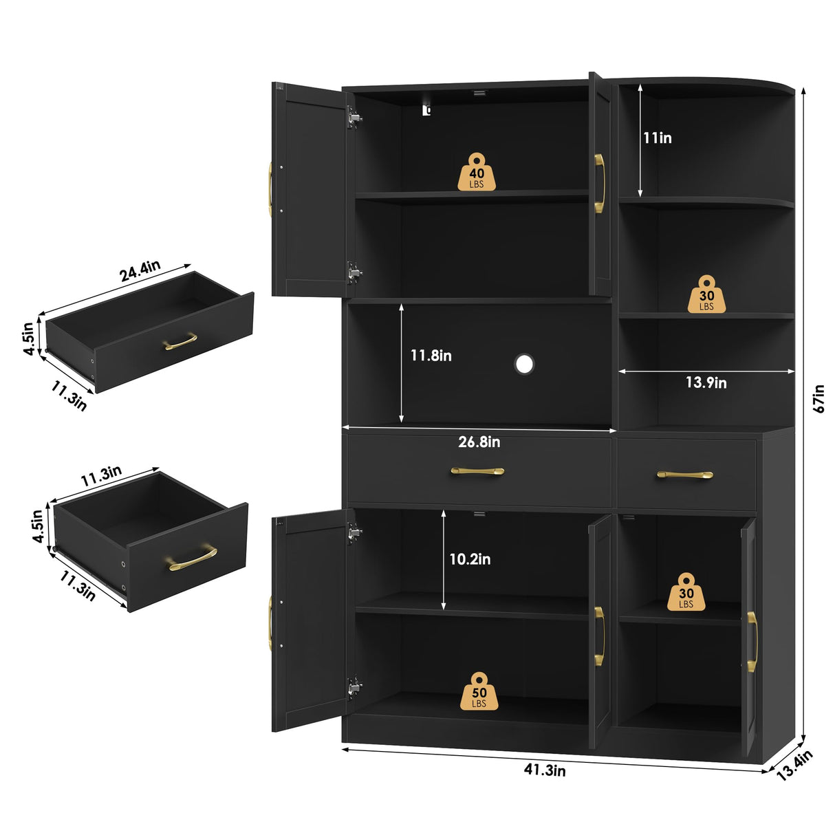 BOTLOG 67" Kitchen Pantry Cabinet, Modern Kitchen Hutch with 5 Doors and 2 Drawers, 3-Tier External Shelf, Large Pantry Storage Cabinet with Microwave Stand for Dining Room, Black BOTLOG