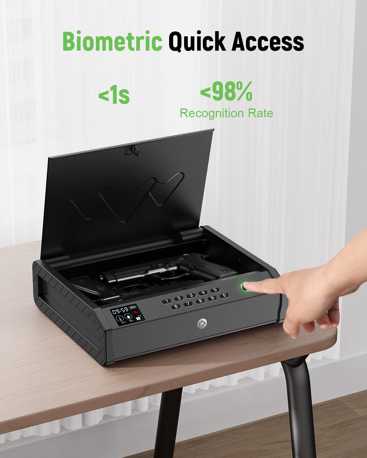 HOLEWOR Gun Safe, Biometric Safes for Pistols with LCD Display of Time Battery, Fingerprint Quick Access Handgun Safe Pistol Bedside, Nightstand, Car, 2 Capacity HOLEWOR