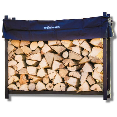 Woodhaven 5 Foot Black - Made in the USA - 1/4 Cord Plus Firewood Storage Log Rack With Seasoning Cover Combo Set - Indoor Outdoor - Metal Firewood Rack - Heavy Duty Woodhaven