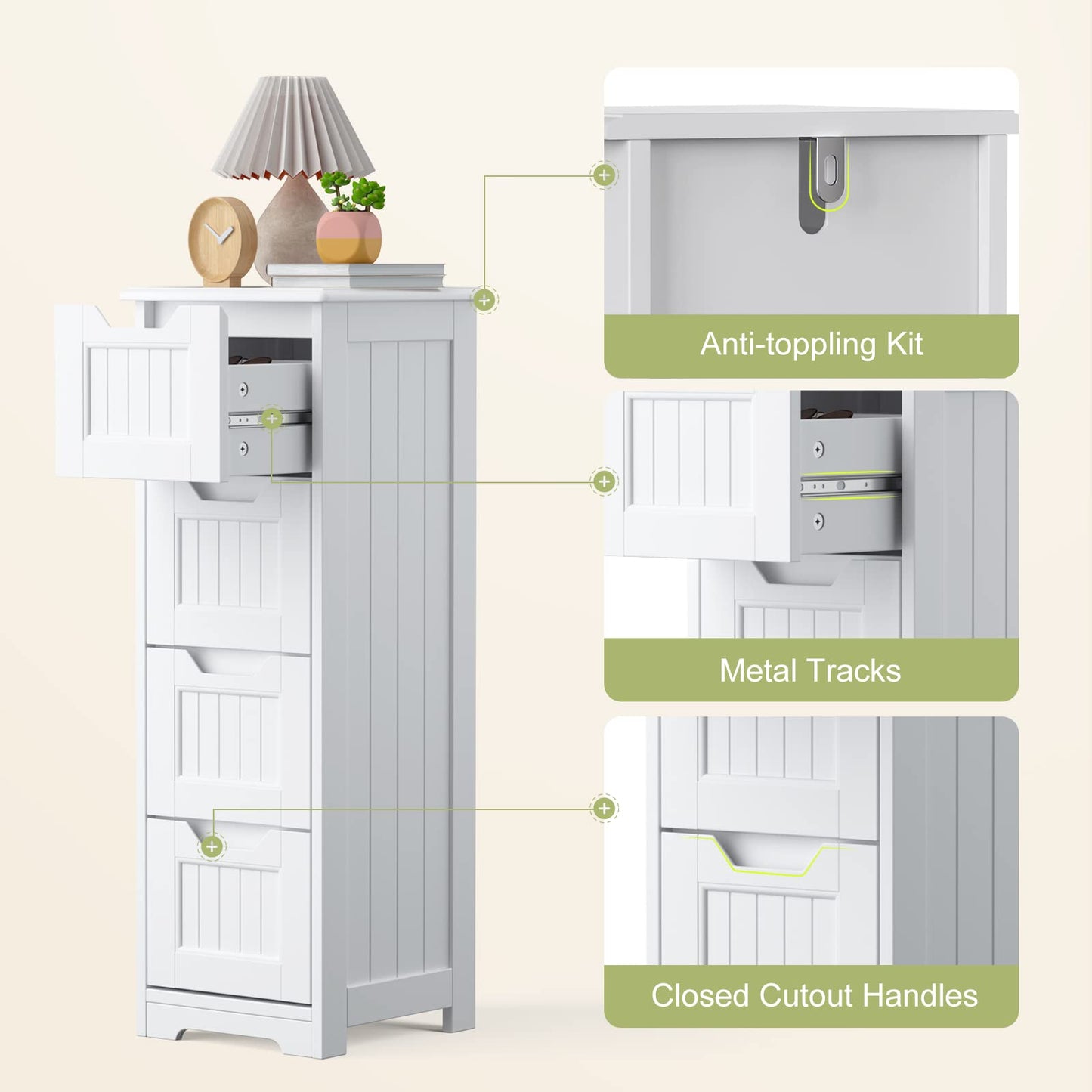 Gizoon 33" Freestanding Small Bathroom Storage Cabinet with 4 Drawers in White - WoodArtSupply