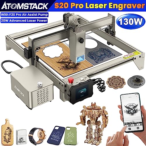 ATOMSTACK S20 PRO Laser Engraver with Air Assist Kits, Laser Class 4, 20000mW Output Laser Power, High Precision Laser Engraving Machine, Laser Cutter for Thick Wood and 0.05mm Stainless Steel ATOMSTACK