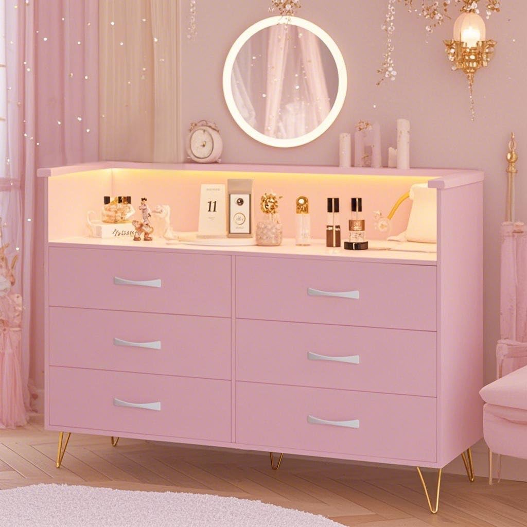 Dresser for Bedroom with Charging Station and LED Lights, Storage Organizer with 6 Drawers Wooden, Chest of Drawers for Living Room, Closet, Bedroom, Guest Room, Hallway Entryway Takywep
