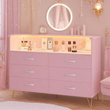 Dresser for Bedroom with Charging Station and LED Lights, Storage Organizer with 6 Drawers Wooden, Chest of Drawers for Living Room, Closet, Bedroom, Guest Room, Hallway Entryway Takywep