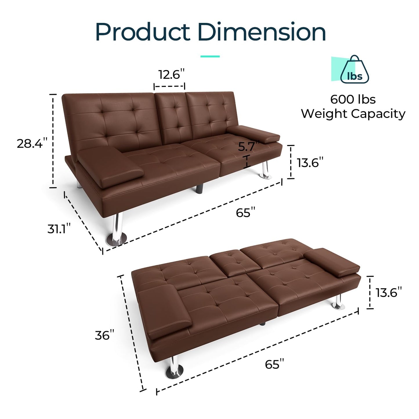 LINSY Futon Sofa Bed, Faux Leather Sleeper Sofa with Mattress and Frame, Convertible Futon Couch for Living Room, Tan