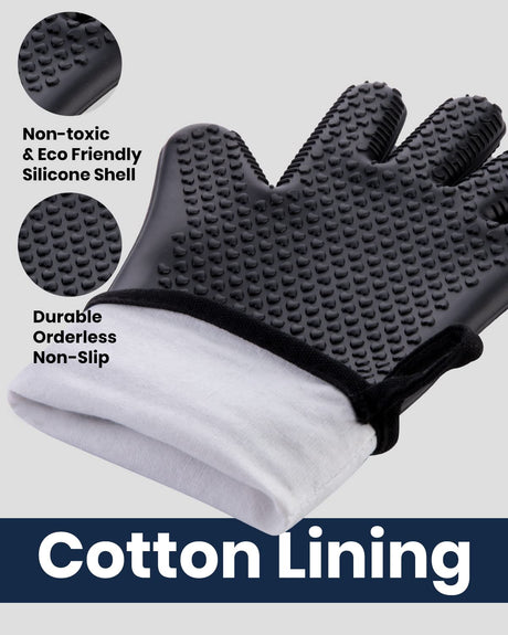GEEKHOM BBQ Gloves, Grilling Gloves Heat Resistant Oven Gloves, Kitchen Silicone Oven Mitts, Long Waterproof Non-Slip Pot Holder for Barbecue, Cooking, Baking (Black) GEEKHOM