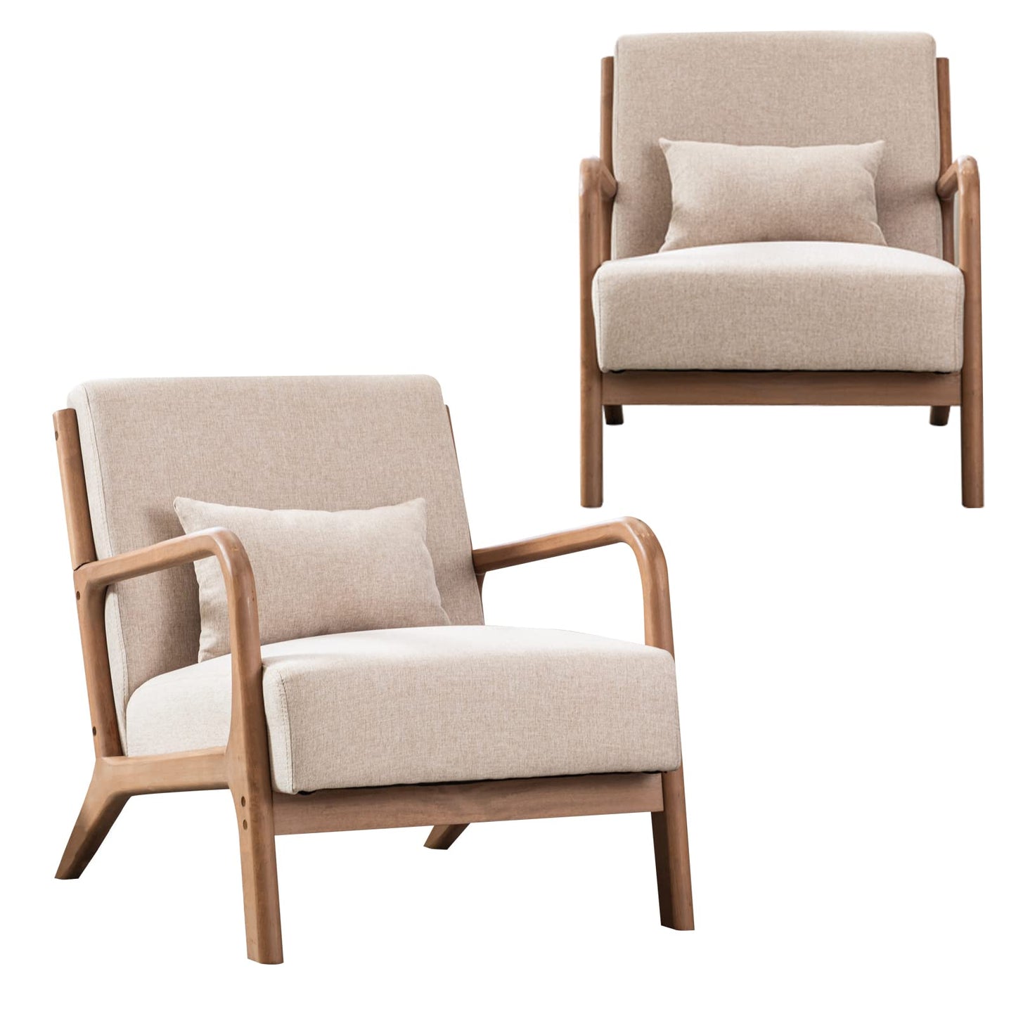 INZOY Mid-Century Modern Accent Chair Set of 2, Upholstered Living Room Chairs with Waist Cushion, Reading Armchair for Bedroom Sunroom - WoodArtSupply