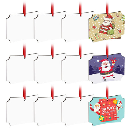 Christmas Sublimation Blank Pendants Double Side MDF Personalized Blank Bulk Heat Transfer Blank Hanging Pendant White Sublimation Ornament with Red Ribbon for DIY Decor Craft 12 Pieces (Rectangle) HooAMI