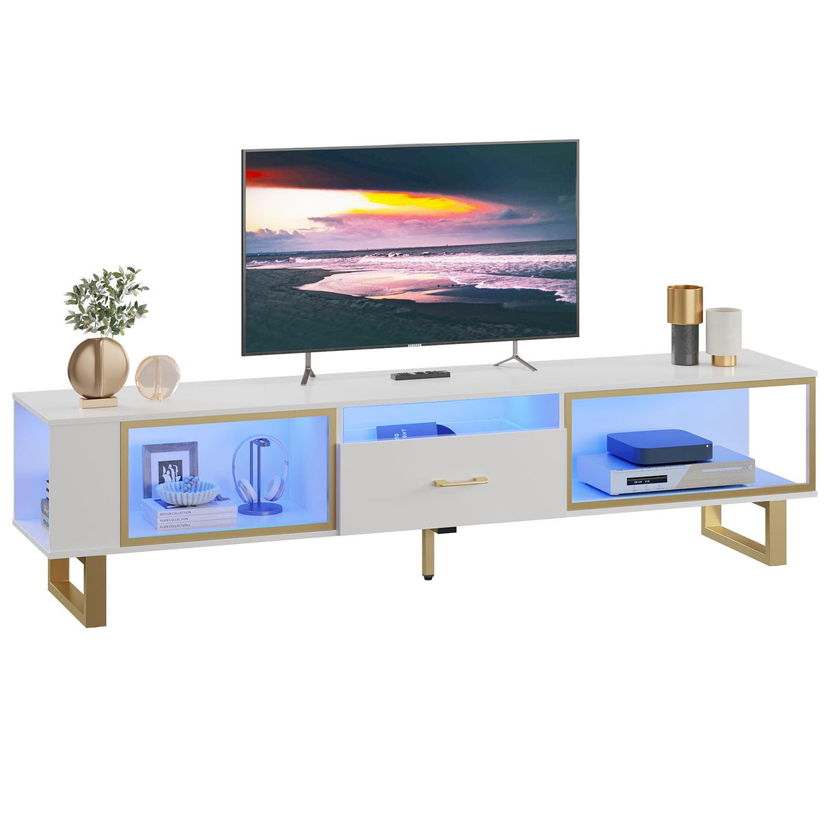 Bestier 80 Inch TV Stand for 65/75/85/90 Inch TVs, LED Gaming Entertainment Center with Open Storage and Half-Glass Design Drawer, Modern High Gloss Media Console for Living Room, White and Gold Bestier