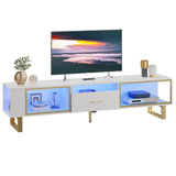 Bestier 80 Inch TV Stand for 65/75/85/90 Inch TVs, LED Gaming Entertainment Center with Open Storage and Half-Glass Design Drawer, Modern High Gloss Media Console for Living Room, White and Gold Bestier