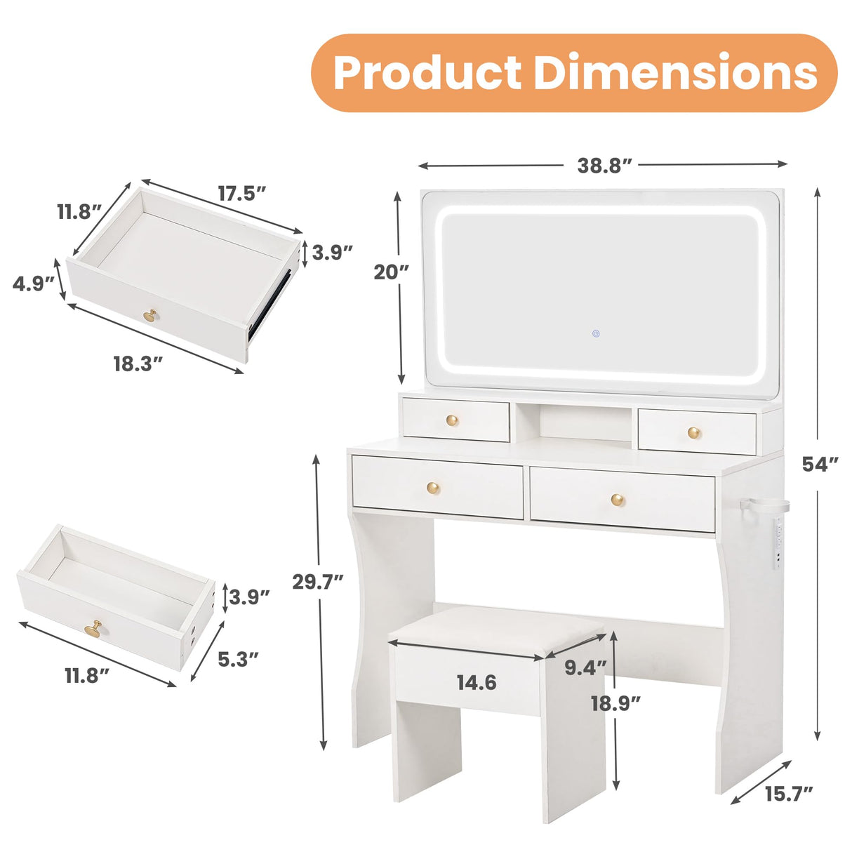 Pamapic Vanity Desk with Upgraded Silent Slides, Golden Handles 3 Lighting Modes Small Vanity with Charging Station, Makeup Vanity with Lights and Storage Vanity Benches Pamapic