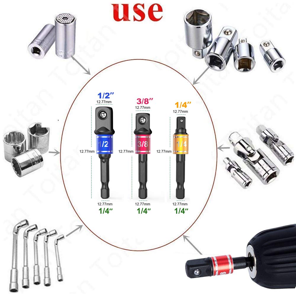 CIGOTU Impact Grade Power Hand Tools Driver Sockets Adapter Extension Set, 3Pcs 1/4 3/8 1/2" Hex Shank Drill Nut Driver Bit Set + 105 Degree Right Angle Driver Extension Screwdriver Drill Attachment CIGOTU