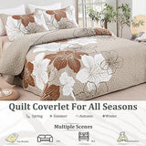 DJY 3 Pieces Quilt Set King Taupe Floral Pattern Quilt Coverlet Set Boho Floral Bedspread with 2 Pillow Shams Elegant Flower Bedding Quilt Set for All Season (Brown, 104"x 90") DJY