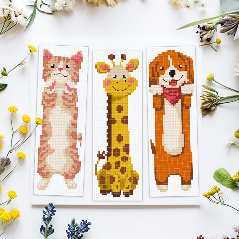 ACRNIGHEET 6PCS Cross Stitch Bookmark Kit for Beginner Cartoon Animals Stamped Cross Stitch Kits for Adults DIY Embroidery Bookmark Kits Crossstitch Kits Adult with Instructions Hand Craft Gift 11CT ACRNIGHEET