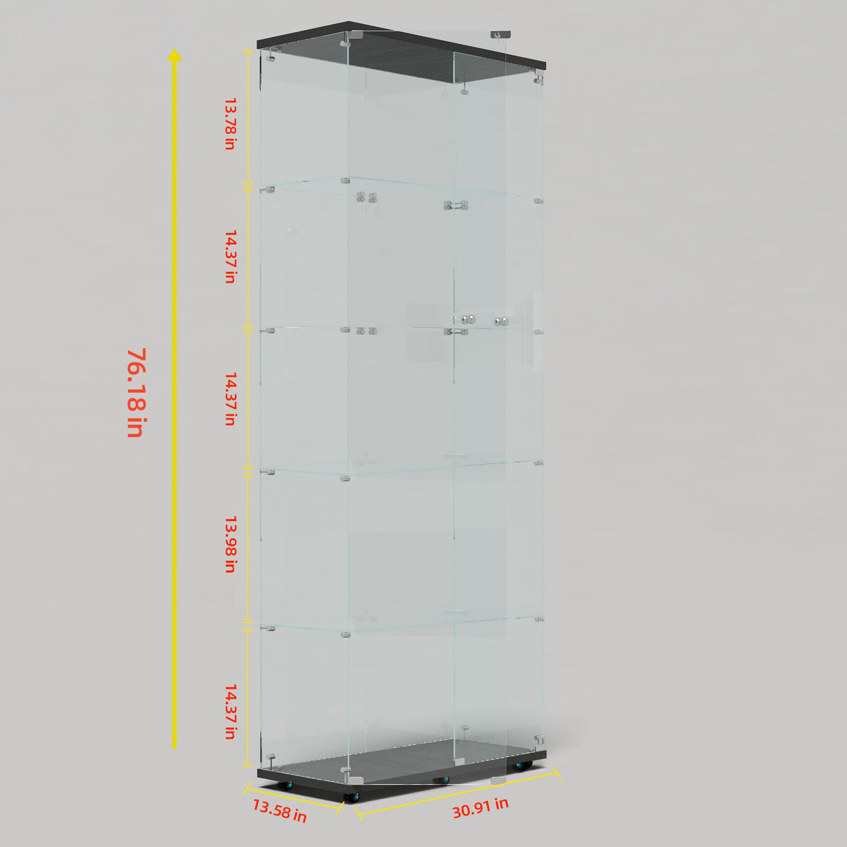 5-Shelf Glass Display Cabinet with Lights Strip & Lock Door,Curio Cabinets Collectibles Display Case,Tempered Glass Freestanding Bookshelf for Living Room Bedroom Office, 76 x 30.9 x 13.5 in,Black TehRecBT