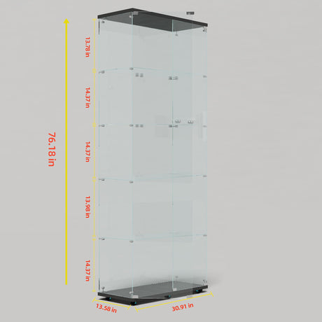 5-Shelf Glass Display Cabinet with Lights Strip & Lock Door,Curio Cabinets Collectibles Display Case,Tempered Glass Freestanding Bookshelf for Living Room Bedroom Office, 76 x 30.9 x 13.5 in,Black TehRecBT
