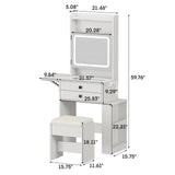 Vabches Small Makeup Vanity Desk with 3 Adjustable Lighted Mirror, White Vanity Set with Fold-up Panel and Charging Station, Glass Top Dressing Table with Drawers and Chair, 2 Hidden Storage Shelves Vabches