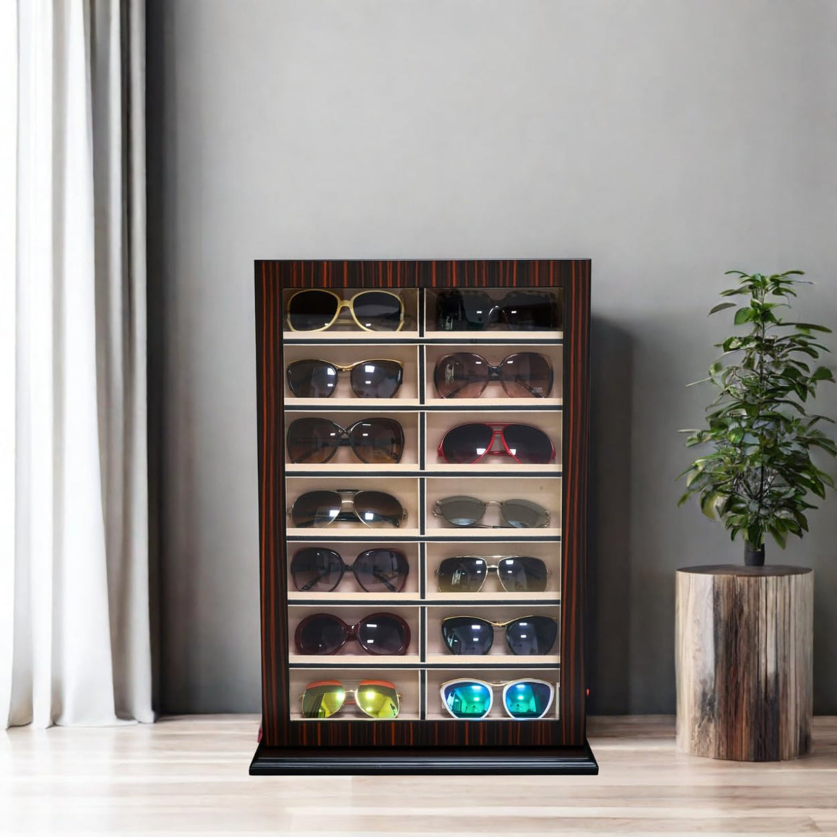 TIMELYBUYS 14 Piece Large Ebony Wood Eyeglass Sunglass Display Wall Hanging Case and Storage Organizer Box and Stand TIMELYBUYS