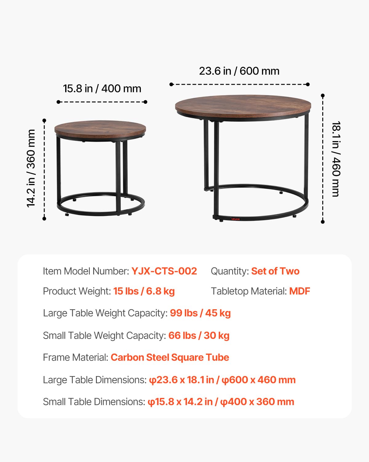 VEVOR Nesting Tables, Coffee Table Set of 2, 23.6 inch Round Coffee Table, Small Coffee Tables Night Stand with Metal Frame, for Living Room, Bedroom, Office (Brown & Black) VEVOR