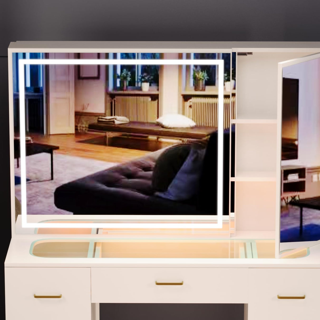 GLAUBIO Vanity Desk Set with Large LED Lighted Mirror, Makeup Table with 7 Drawers,Glass Tabletop Vanity Desk with Cabinet,Modern Vanity Table for Bedroom, White GLAUBIO