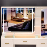 GLAUBIO Vanity Desk Set with Large LED Lighted Mirror, Makeup Table with 7 Drawers,Glass Tabletop Vanity Desk with Cabinet,Modern Vanity Table for Bedroom, White GLAUBIO