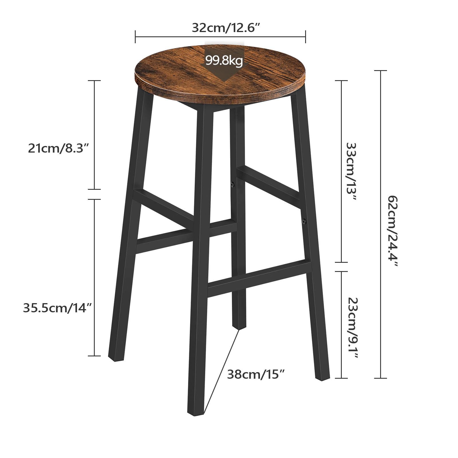 MAHANCRIS Bar Stools, Set of 2 Round Bar Chairs with Footrest, 24.4 Inch Kitchen Breakfast Bar Stools, Industrial Bar Stools, Easy Assembly, for - WoodArtSupply