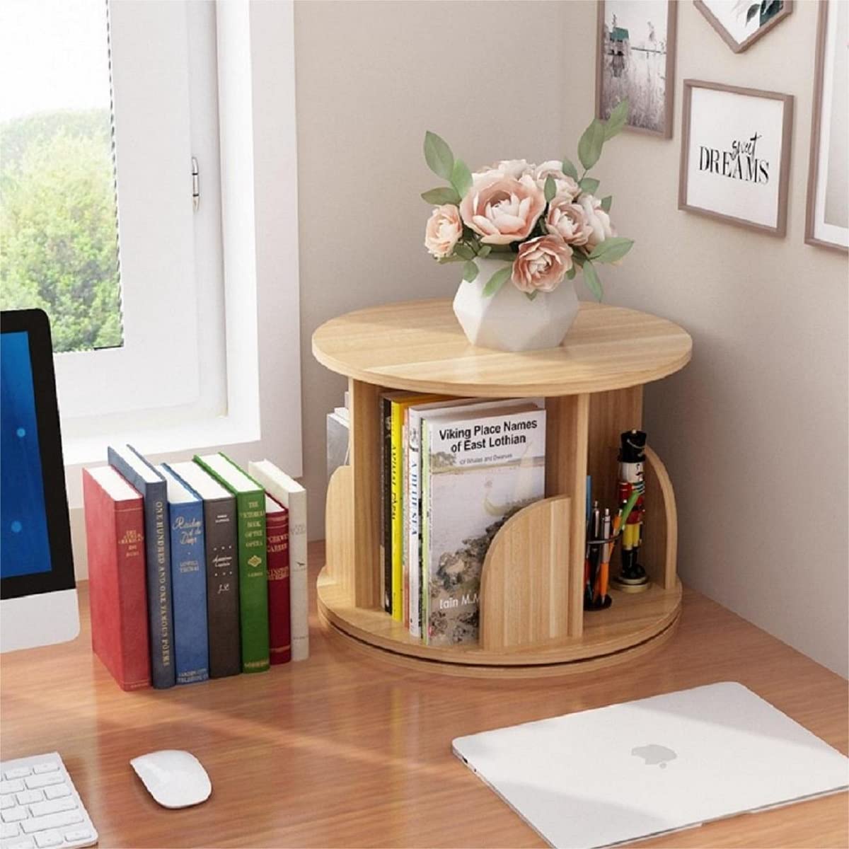 Gdrasuya10 Mini Rotating Wooden Bookshelf Organizer for Small Spaces - WoodArtSupply