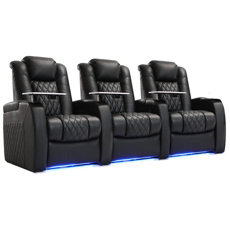 Weilianda Home Theater Seating Top Grain Leather Zero Gravity Recliner Chair Power Headrest Recline Movie Seat Gaming 7 Colors Mood Light Sofa with Tray Table USB Charge Row of 3 Black Weilianda