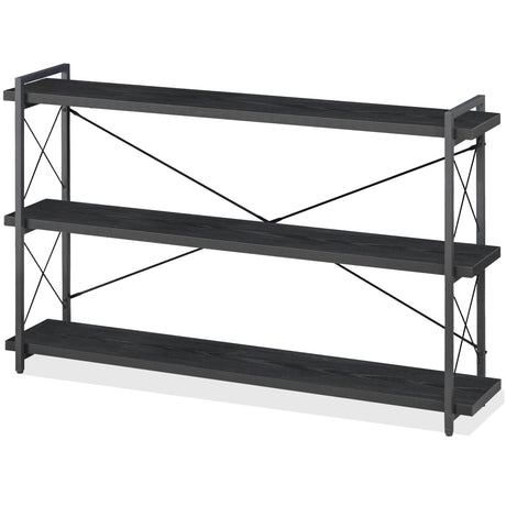 HCHQHS Bookshelf, 3-Tier Long Industrial Bookcase, Black Open Book Shelf, Freestanding Horizontal Bookshelves with Metal Frame HCHQHS