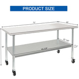HARDURA Stainless Steel Table with Wheels 30 x 72 Inches Casters NSF Heavy Duty Commercial Prep Table with Undershelf and Galvanized Legs for Food Prep HARDURA Restaurant Equipment