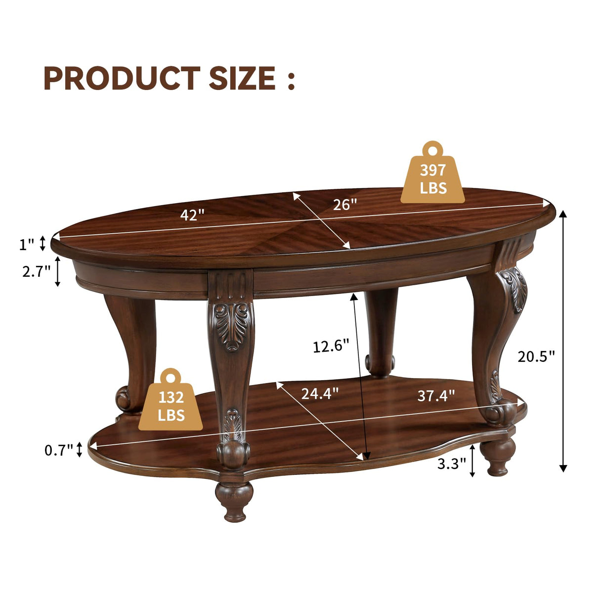 LKTART Oval Wood Coffee Tables for Living Room, Vintage Round Coffee Table with Carved Wood Legs, Tradition Elegant Center Table (Cherry, 42 Inch) LKTART