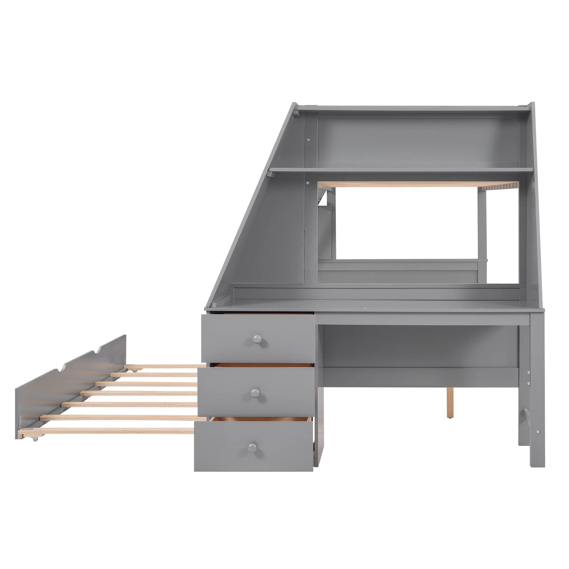 Harper & Bright Designs Twin Over Full Wooden Bunk Bed with Desk, Trundle, and Storage in Grey - WoodArtSupply