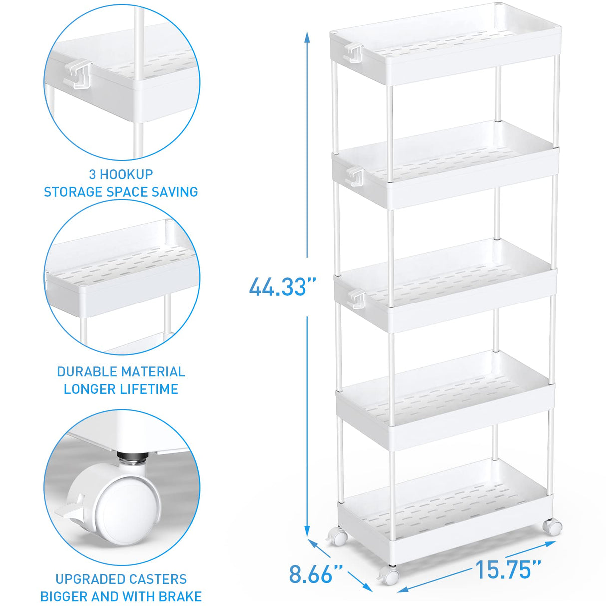 SPACEKEEPER 5-Tier Storage Cart Organizer Rolling Utility Cart, Mobile Shelving Unit Slide Out Storage Shelves for Kitchen Living Room Bathroom Laundry Room & Dressers, White SPACEKEEPER
