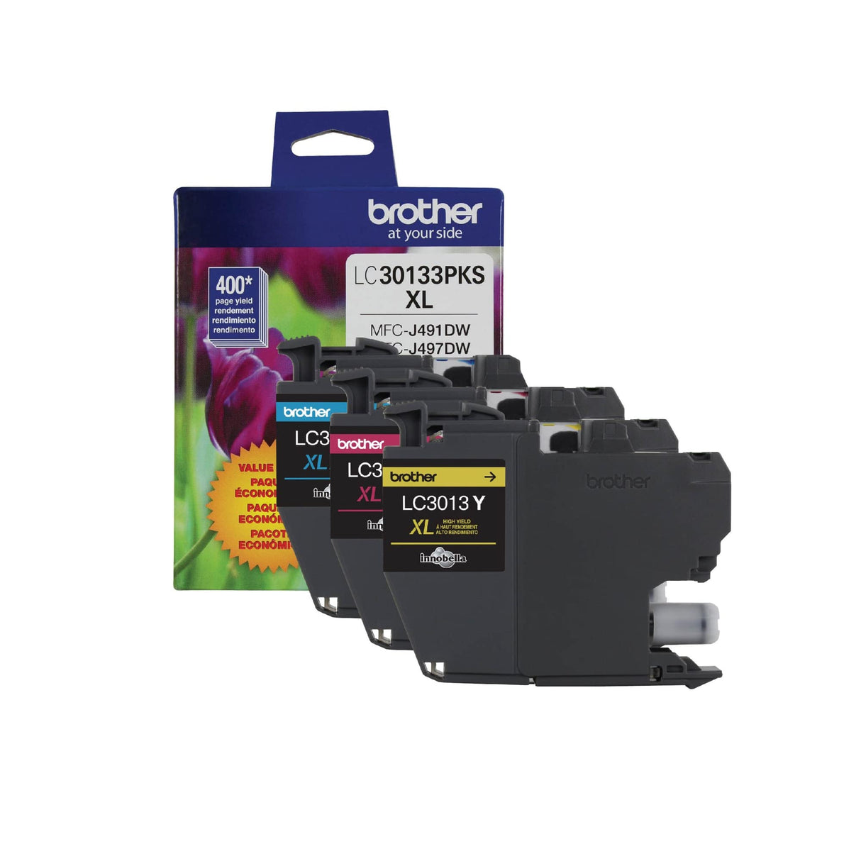 Brother Printer Genuine LC30133PKS 3 Count(Pack of 1) High Yield Color Ink Cartridges, Page Yield Up to 400 Pages/Cartridge, Includes Cyan, Magenta and Yellow, LC3013 Brother