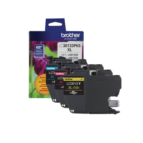 Brother Printer Genuine LC30133PKS 3 Count(Pack of 1) High Yield Color Ink Cartridges, Page Yield Up to 400 Pages/Cartridge, Includes Cyan, Magenta and Yellow, LC3013 Brother