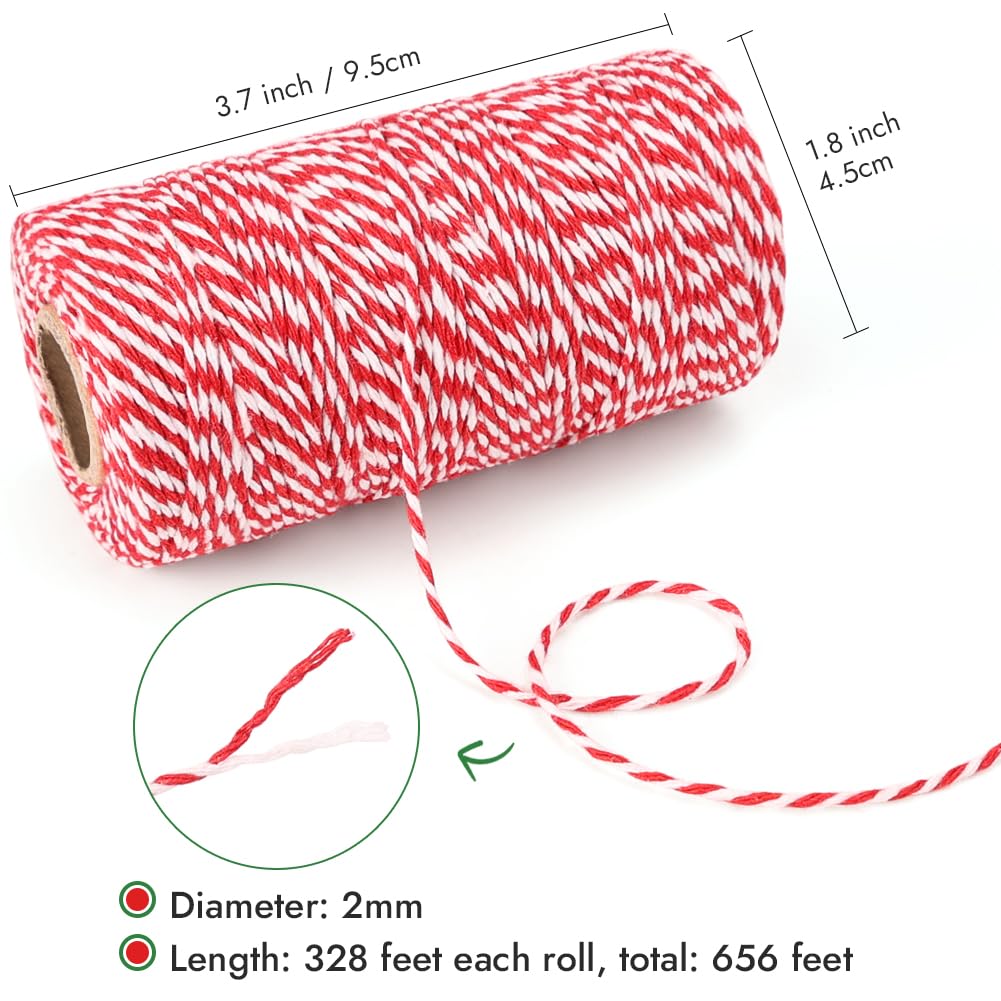 Tenn Well Bakers Twine, 656 Feet 2 Rolls Christmas Twine String Ribbon for Gift Wrapping, Pastry Boxes Tying, Festival Decorations, DIY Crafts (328Feet Each Roll) Tenn Well