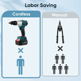 2-IN-1 Cordless Rivet Nut Gun Set (10-24 & 1/4 & 5/16 & 3/8), Portable Battery Powered Pop Rivet Insert Installation Tool Automatic Manual Range Memory Mode Electric Assembly Nutsert Gun 4pcs Adapter WonVon