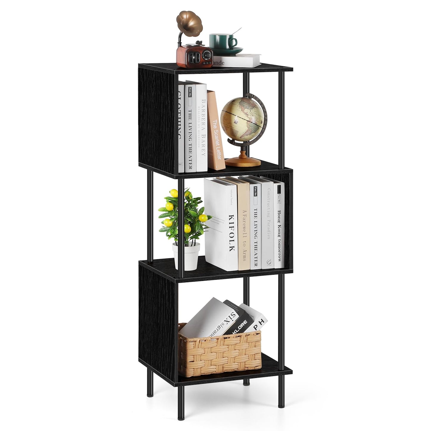 ETELI S-Shaped 4-Shelf Black Bookshelf - Free Standing Industrial Bookcase for Small Spaces - WoodArtSupply