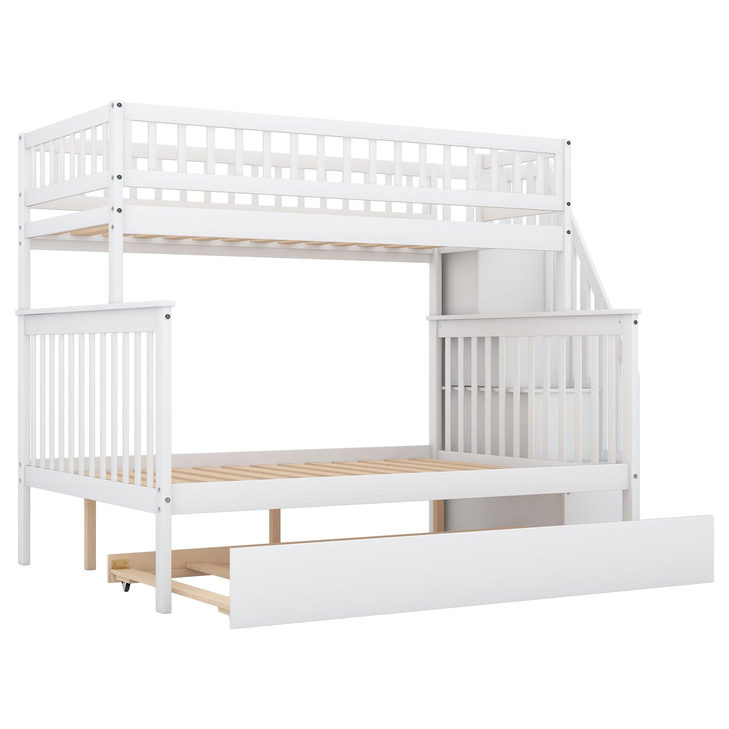 Harper & Bright Designs Twin Over Full Bunk Beds with Twin Size Trundle & Stairway, Solid Wood Bunk Bed Twin Over Full Size with Storage and Guard Rail for Bedroom, Dorm, Kids, Teens,Adults,White