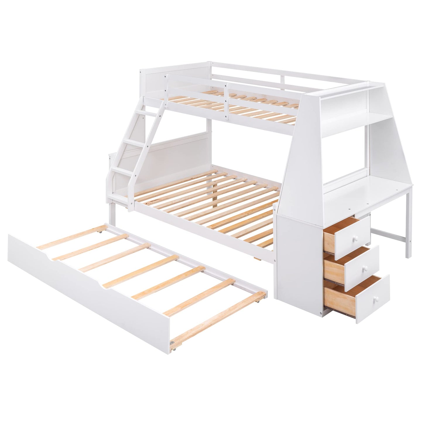 Modern Twin Over Full Bunk Bed with Desk, Trundle, and Storage Drawers in White - WoodArtSupply