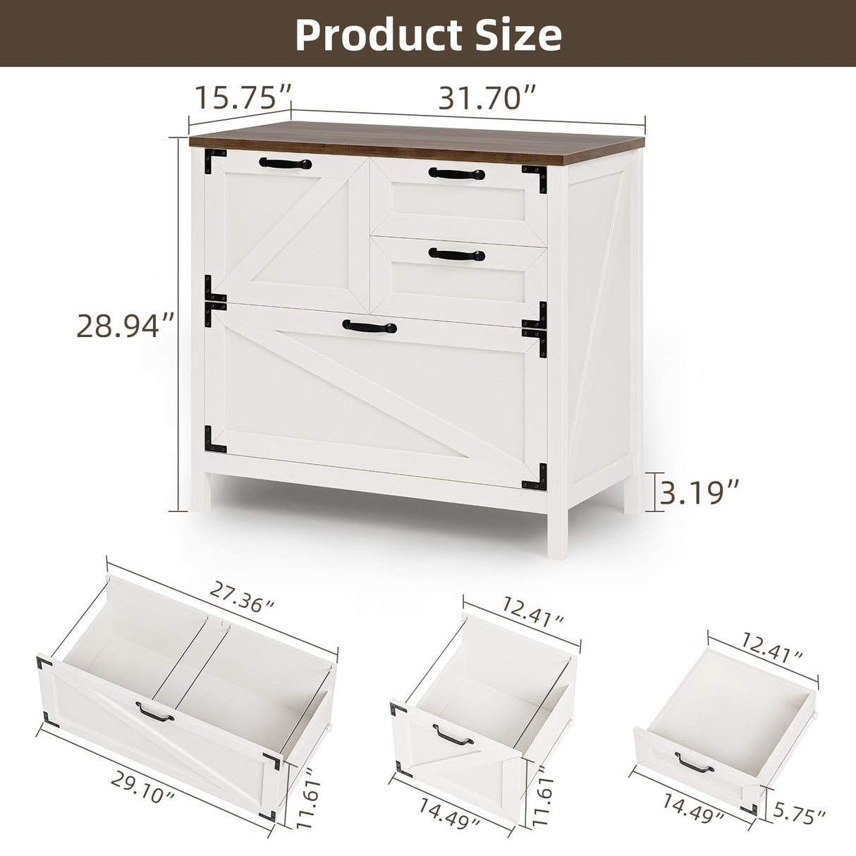 4-Drawer Wood Lateral File Cabinet for Hanging Files Letter/A4/Legal Size, Large Farmhouse File Cabinets for Home Office, Printer Stand with Office Cabinet, Office Furniture, White and Brown Vabches