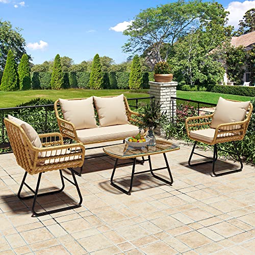 YITAHOME 4-Piece Patio Furniture Wicker Outdoor Bistro Set, All-Weather Rattan Conversation Loveseat Chairs for Backyard, Balcony and Deck with Soft Cushions and Metal Table (Light Brown+Beige) YITAHOME