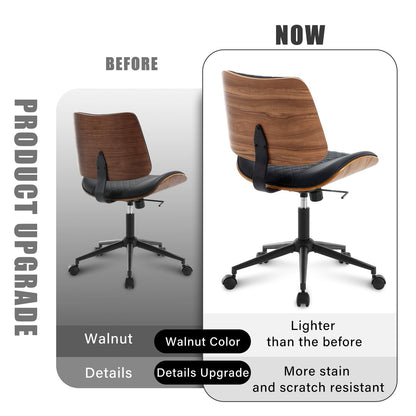 BERYTH Home Office Chair No Arms with Wheels, Adjustable Height Small Desk Chair, PU Leather Mid Back 360 Swivel Computer Chair, Armless Modern Walnut Chair for Office, Reading Meeting Room(Black)