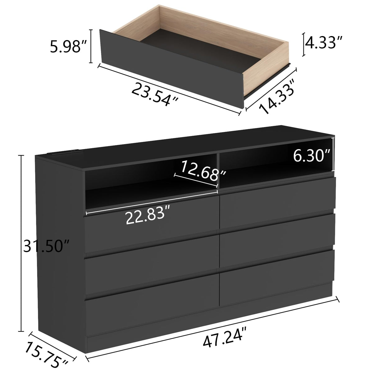 STIKELY 6 Drawer Dresser for Bedroom with Power Outlet, Black Dressers with LED Light, Dresser Chest of Drawers for Closet,Wooden Dressers Organizer Cabinet for Living Room,Entryway, Hallway STIKELY