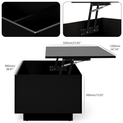 Led Coffee Tables for Living Room - High Gloss Table with Led Lights, 20 Colors Controlled by Remote or App, 47'' Lift Top Coffee Table with Storage Hidden Compartment, Black - WoodArtSupply