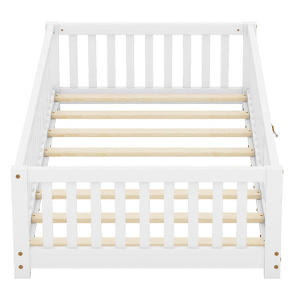 Bellemave Twin Size Montessori Floor Bed with Safety Rails and Playhouse Design in White - WoodArtSupply