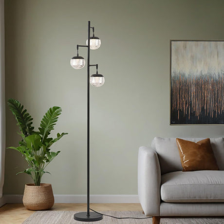 Fiqevs Mid Modern Floor Lamp for Living Room, 3 Globe Black Floor Lamp with Soft Light LED Bulbs & Cage Orb Glass Shade, Farmhouse Retro Vintage Standing Tall Lamp for Bedroom, Office Fiqevs