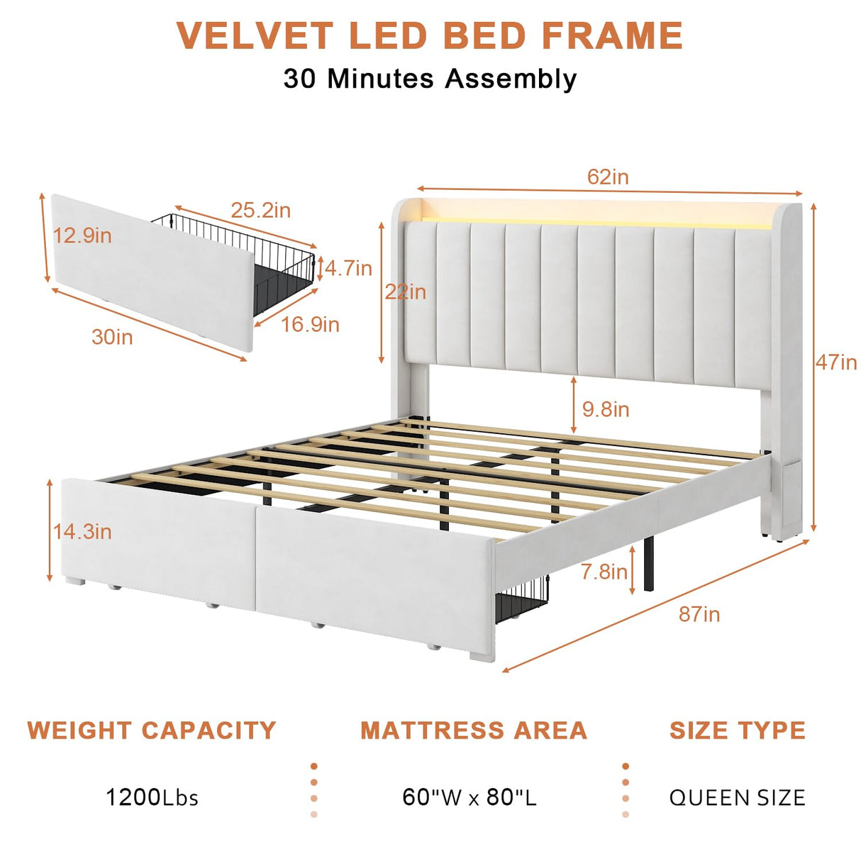 TIGUBFRE Queen Size Upholstered Bed Frame with LED Lights and Storage Drawers, Beige TIGUBFRE