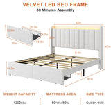 TIGUBFRE Queen Size Upholstered Bed Frame with LED Lights and Storage Drawers, Beige TIGUBFRE