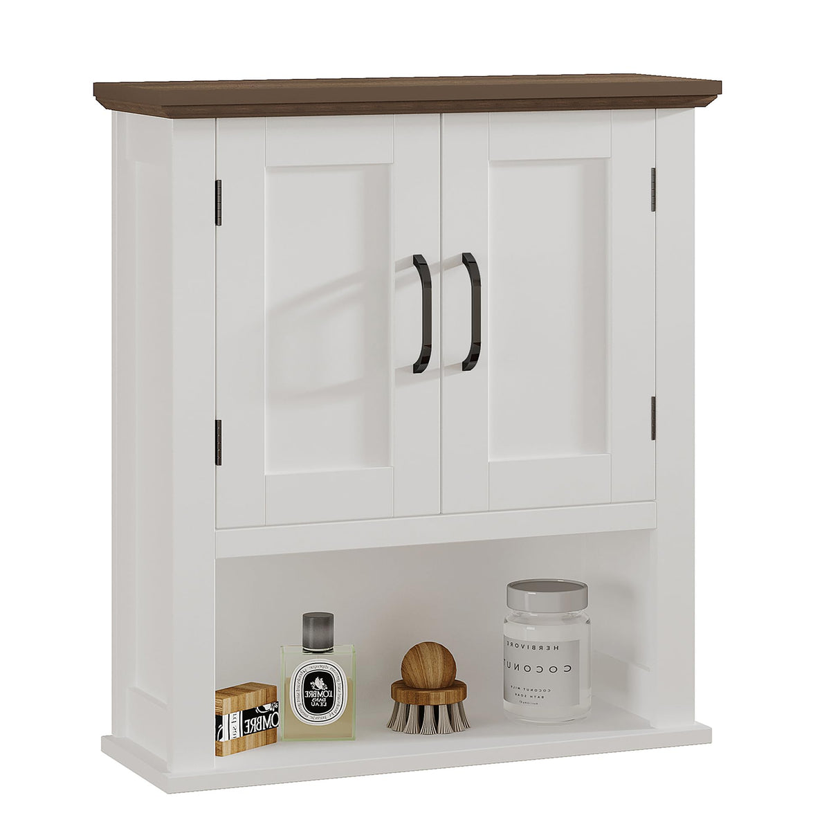 ChooChoo Farmhouse Wall Cabinet with Doors, Medicine Cabinet with Adjustable Shelves Over The Toilet, Rustic Cabinet Wall Mounted for Bathroom, Kitchen, Living Room, Antique White & Brown ChooChoo