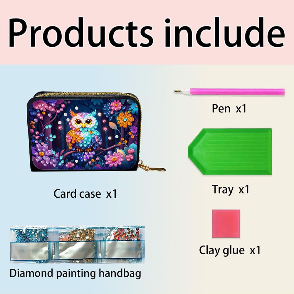 DIY Diamond Art Painting Kit - PU Leather Credit Card Holder Wallet & Coin Purse with Owl Pattern, Zipper Organizer 4.33x3.14in for Adults Santiway
